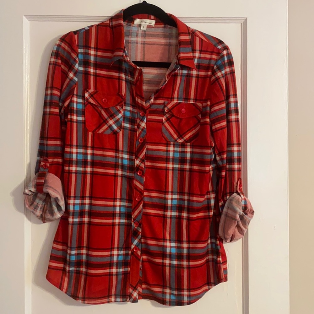 NWOT Red Plaid Top With Pockets